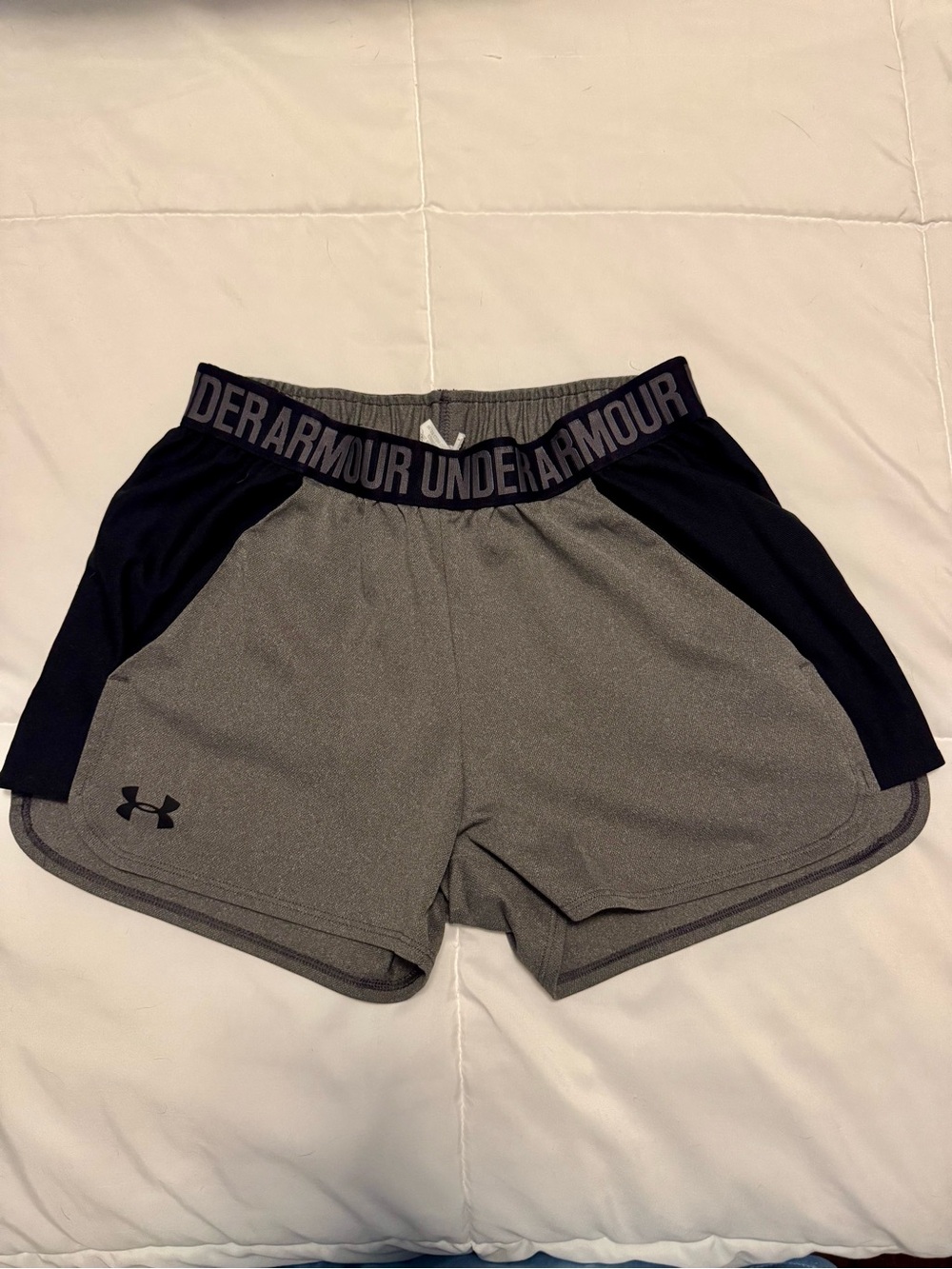 Under Armour Women's Gray and Black Athletic Shorts with Branded Waistband